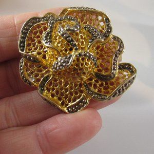 Rare Gold Plated & Silver Beaded Filigree Rose Brooch pin Vintage